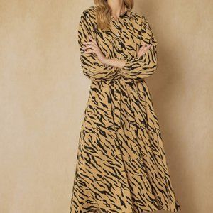 Entro Camel And Black Zebra Print Button Up Maxi Dress With Pockets